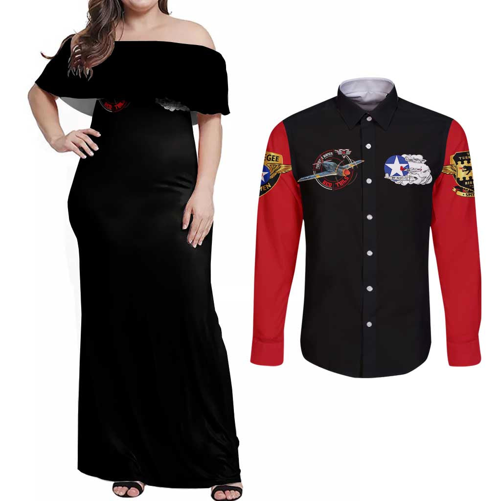Red Tails Tuskegee Airmen Couples Matching Off Shoulder Maxi Dress and Long Sleeve Button Shirt Soaring to Shape History - Fighter Plane Patriotic Tribute - Wonder Print Shop