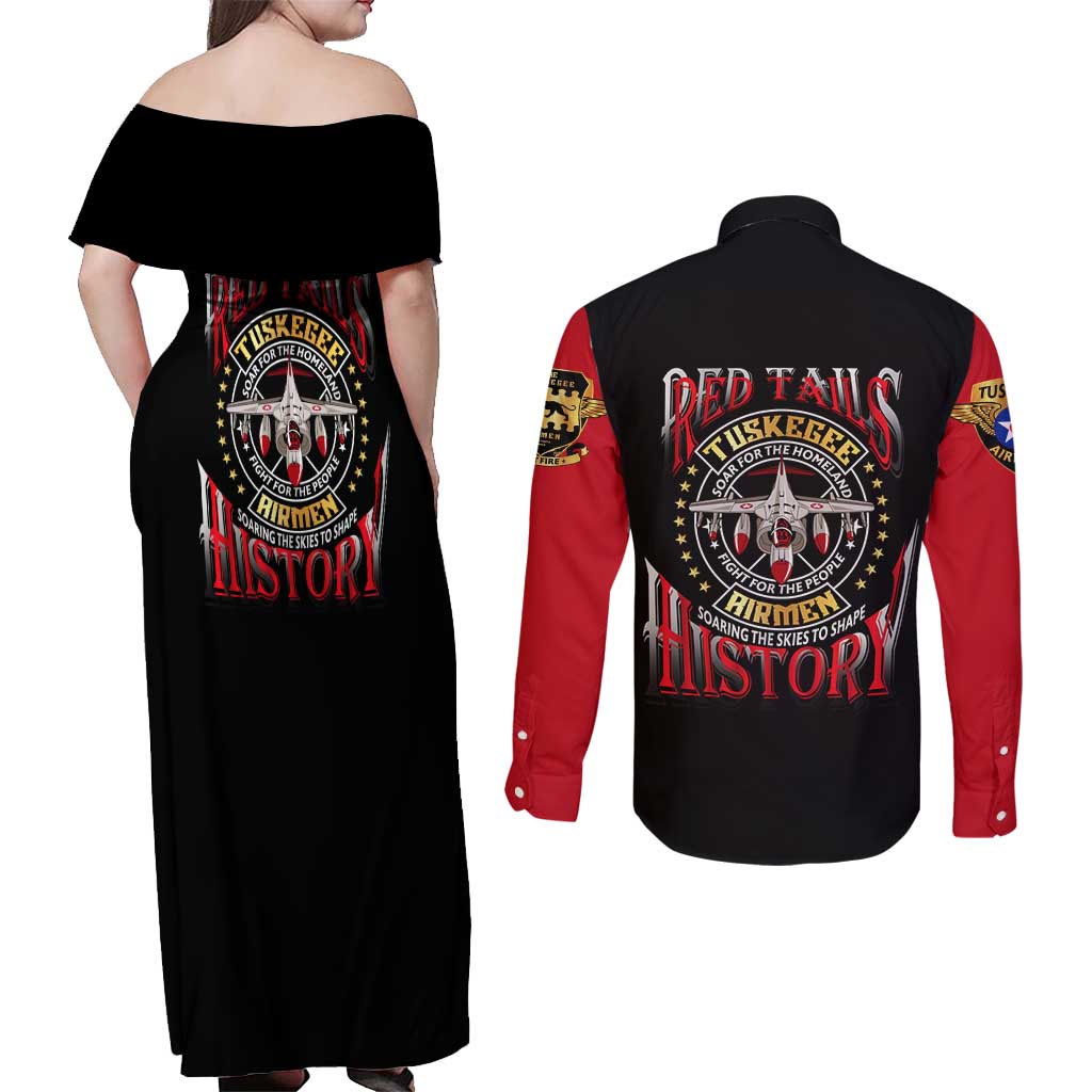 Red Tails Tuskegee Airmen Couples Matching Off Shoulder Maxi Dress and Long Sleeve Button Shirt Soaring to Shape History - Fighter Plane Patriotic Tribute - Wonder Print Shop