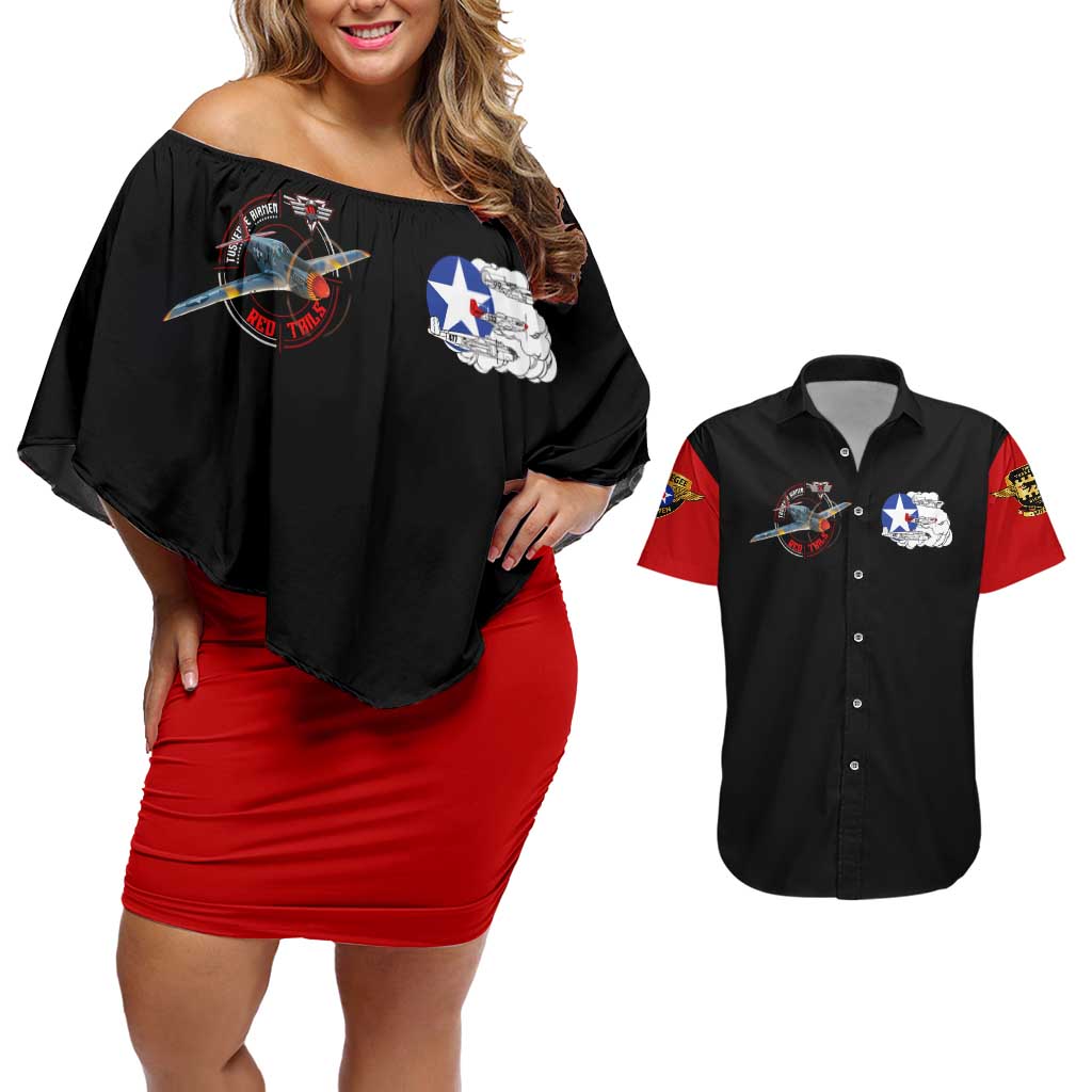 Red Tails Tuskegee Airmen Couples Matching Off Shoulder Short Dress and Hawaiian Shirt Soaring to Shape History - Fighter Plane Patriotic Tribute - Wonder Print Shop