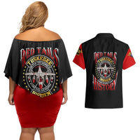 Red Tails Tuskegee Airmen Couples Matching Off Shoulder Short Dress and Hawaiian Shirt Soaring to Shape History - Fighter Plane Patriotic Tribute - Wonder Print Shop