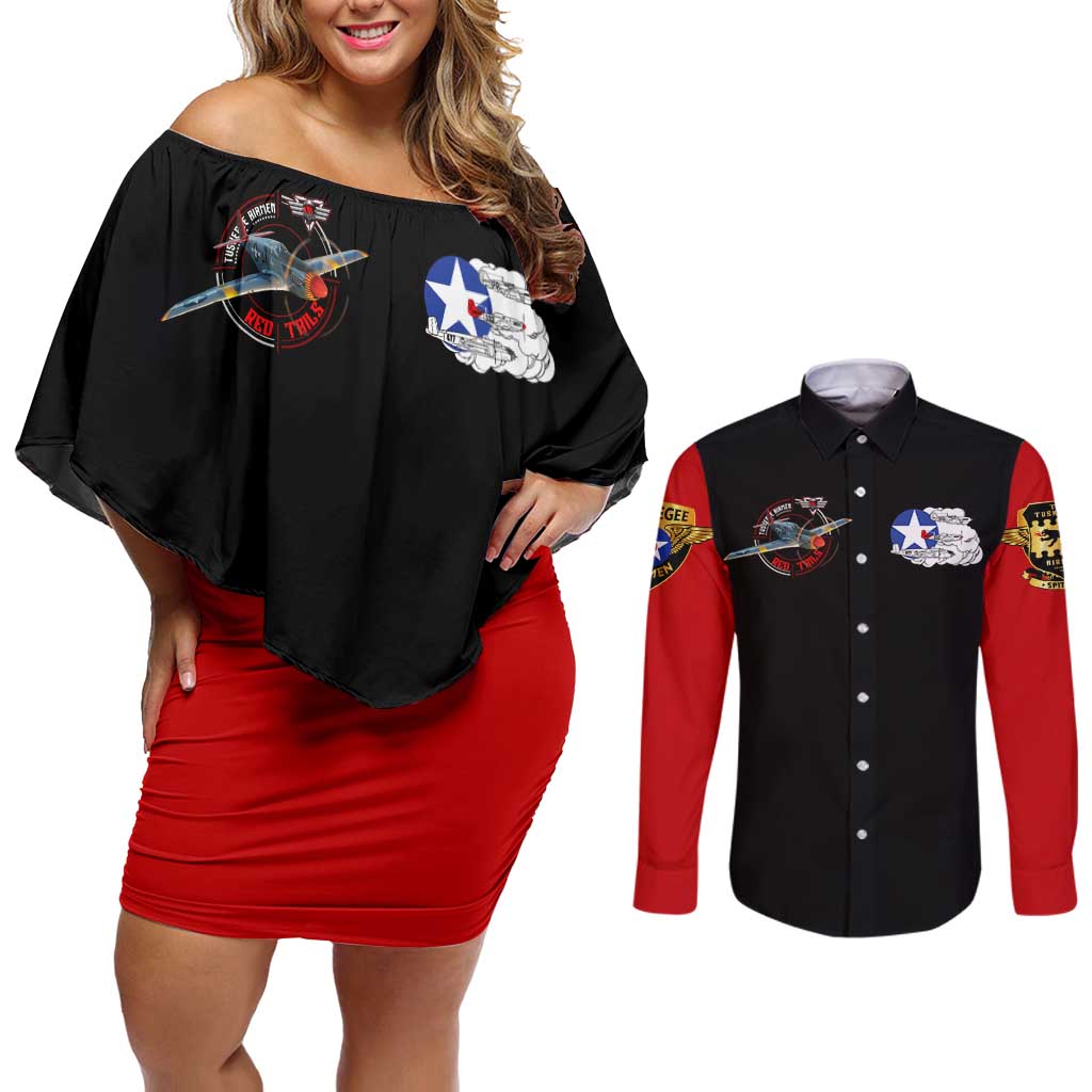 Red Tails Tuskegee Airmen Couples Matching Off Shoulder Short Dress and Long Sleeve Button Shirt Soaring to Shape History - Fighter Plane Patriotic Tribute - Wonder Print Shop