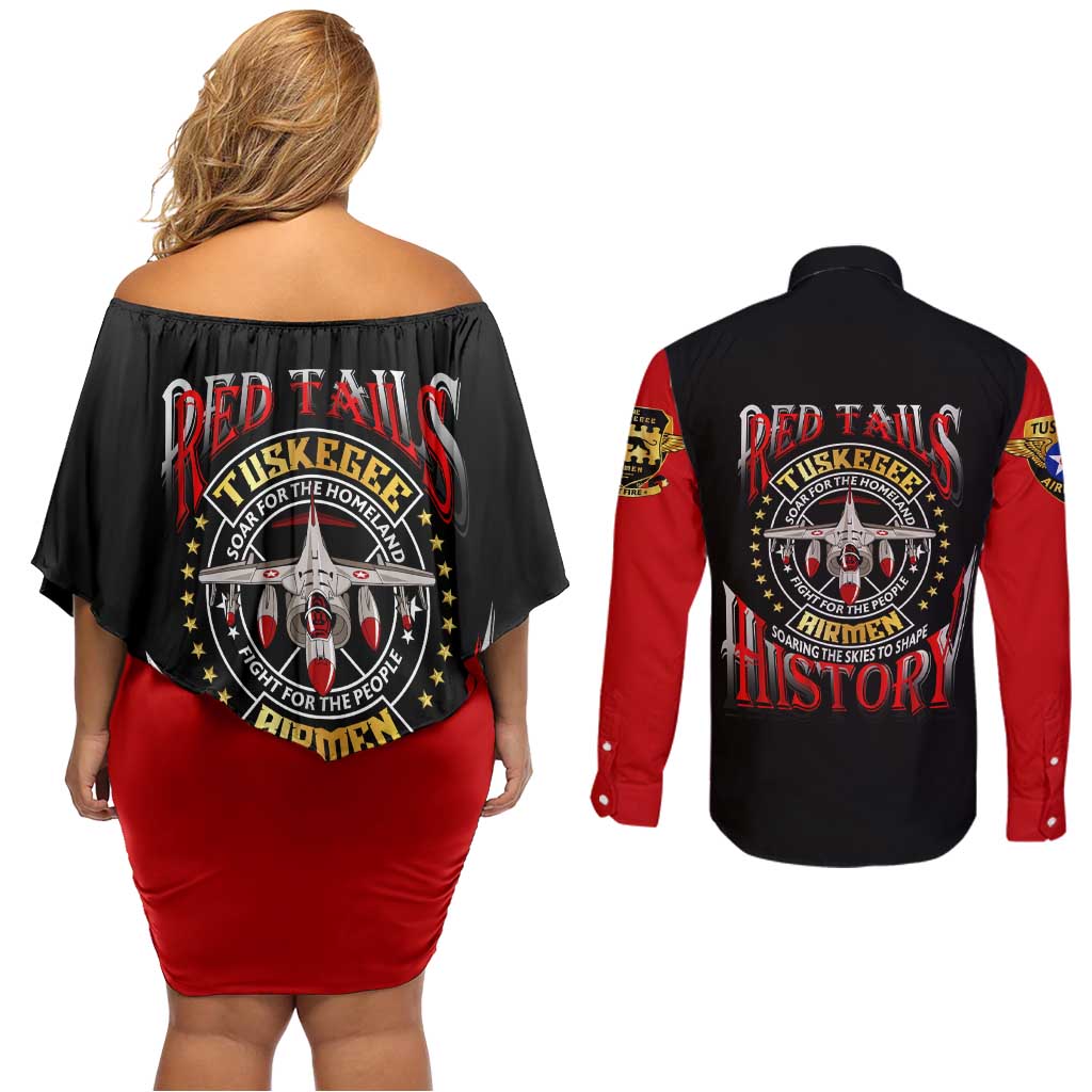 Red Tails Tuskegee Airmen Couples Matching Off Shoulder Short Dress and Long Sleeve Button Shirt Soaring to Shape History - Fighter Plane Patriotic Tribute - Wonder Print Shop