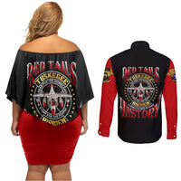 Red Tails Tuskegee Airmen Couples Matching Off Shoulder Short Dress and Long Sleeve Button Shirt Soaring to Shape History - Fighter Plane Patriotic Tribute - Wonder Print Shop