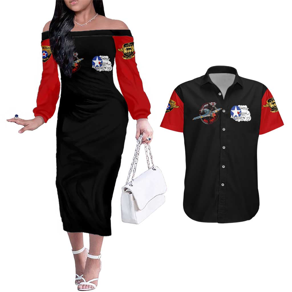 Red Tails Tuskegee Airmen Couples Matching Off The Shoulder Long Sleeve Dress and Hawaiian Shirt Soaring to Shape History - Fighter Plane Patriotic Tribute - Wonder Print Shop