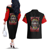 Red Tails Tuskegee Airmen Couples Matching Off The Shoulder Long Sleeve Dress and Hawaiian Shirt Soaring to Shape History - Fighter Plane Patriotic Tribute - Wonder Print Shop