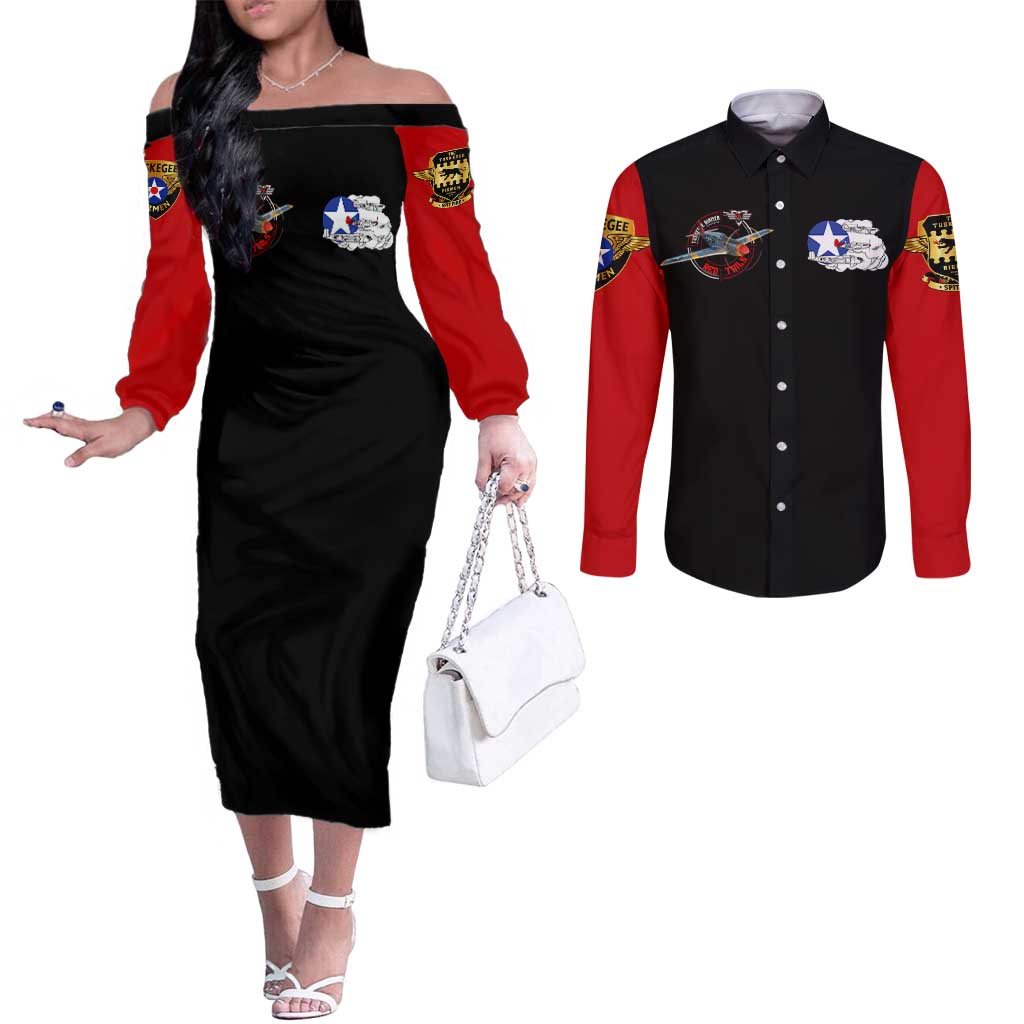 Red Tails Tuskegee Airmen Couples Matching Off The Shoulder Long Sleeve Dress and Long Sleeve Button Shirt Soaring to Shape History - Fighter Plane Patriotic Tribute - Wonder Print Shop