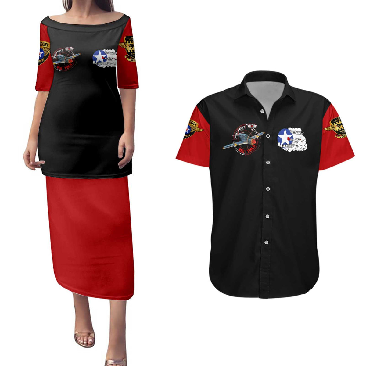 Red Tails Tuskegee Airmen Couples Matching Puletasi and Hawaiian Shirt Soaring to Shape History - Fighter Plane Patriotic Tribute - Wonder Print Shop