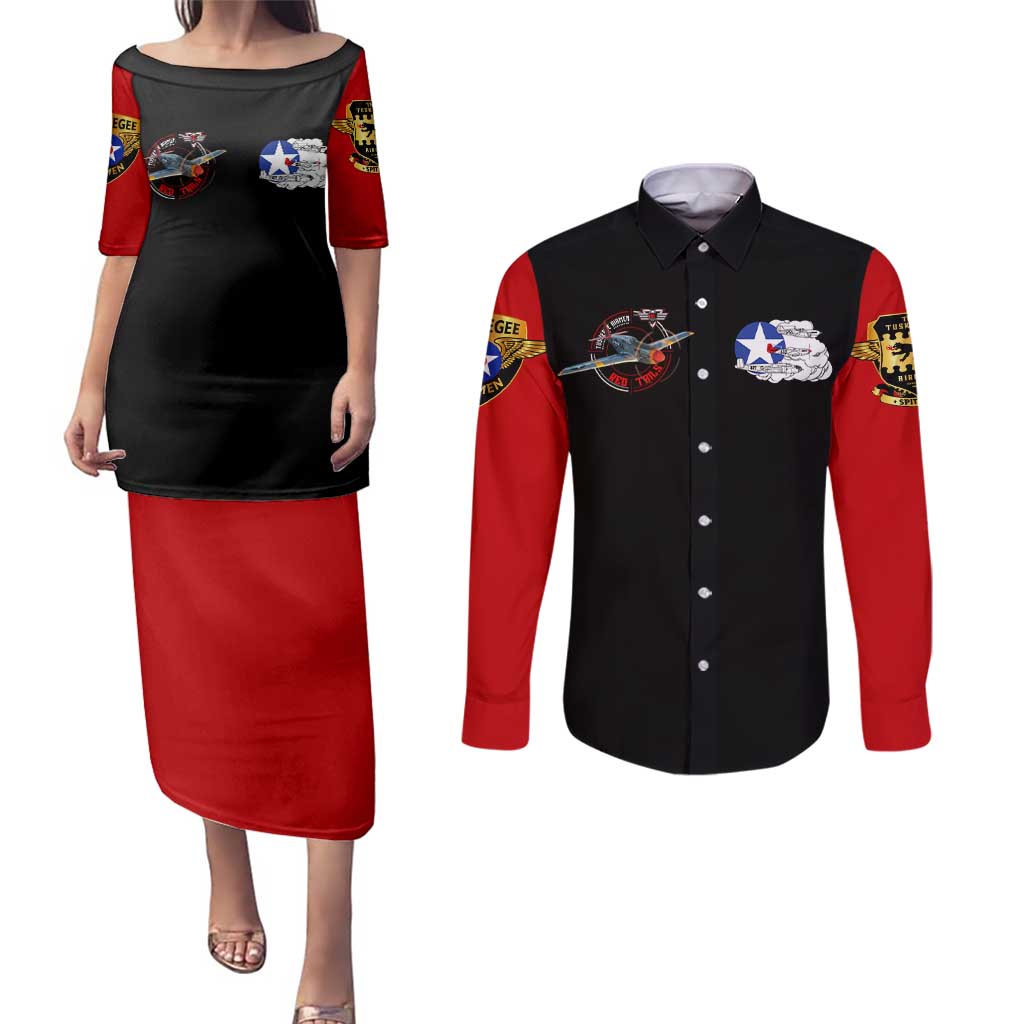 Red Tails Tuskegee Airmen Couples Matching Puletasi and Long Sleeve Button Shirt Soaring to Shape History - Fighter Plane Patriotic Tribute - Wonder Print Shop