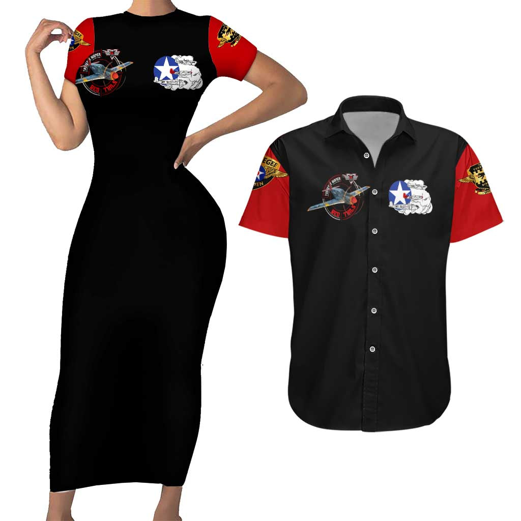 Red Tails Tuskegee Airmen Couples Matching Short Sleeve Bodycon Dress and Hawaiian Shirt Soaring to Shape History - Fighter Plane Patriotic Tribute - Wonder Print Shop