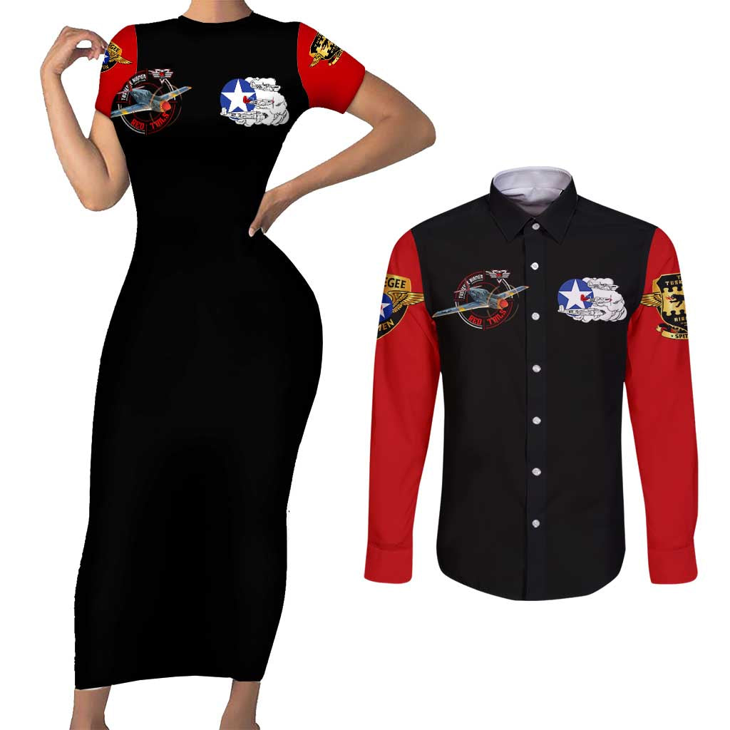 Red Tails Tuskegee Airmen Couples Matching Short Sleeve Bodycon Dress and Long Sleeve Button Shirt Soaring to Shape History - Fighter Plane Patriotic Tribute - Wonder Print Shop