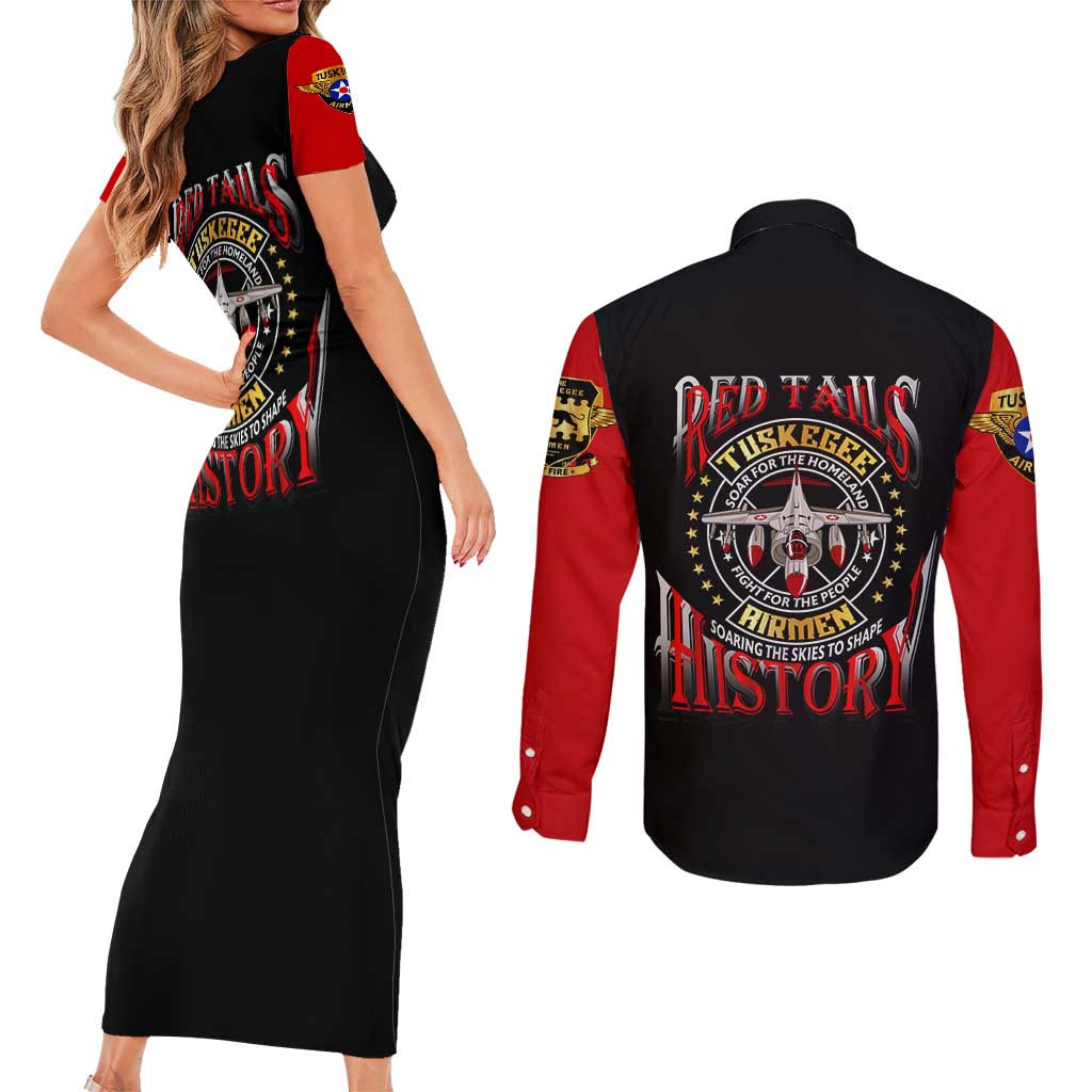 Red Tails Tuskegee Airmen Couples Matching Short Sleeve Bodycon Dress and Long Sleeve Button Shirt Soaring to Shape History - Fighter Plane Patriotic Tribute - Wonder Print Shop