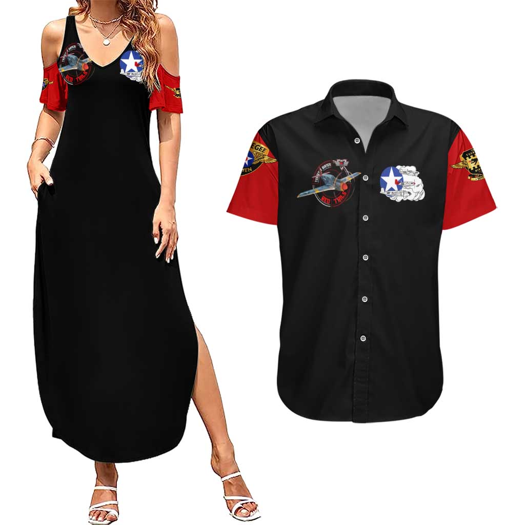 Red Tails Tuskegee Airmen Couples Matching Summer Maxi Dress and Hawaiian Shirt Soaring to Shape History - Fighter Plane Patriotic Tribute - Wonder Print Shop