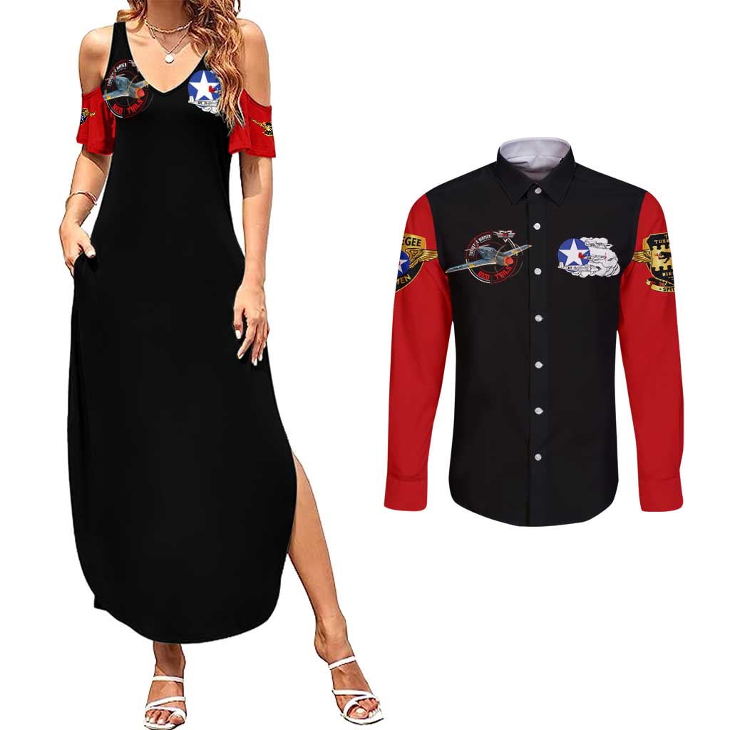 Red Tails Tuskegee Airmen Couples Matching Summer Maxi Dress and Long Sleeve Button Shirt Soaring to Shape History - Fighter Plane Patriotic Tribute - Wonder Print Shop