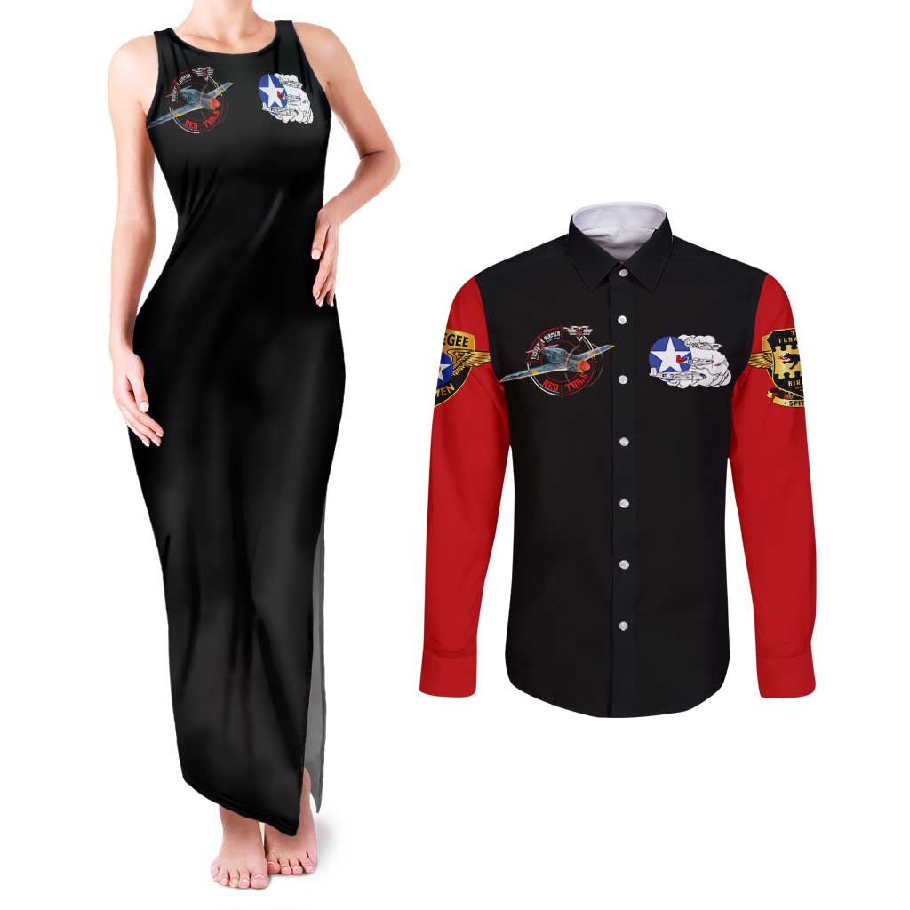 Red Tails Tuskegee Airmen Couples Matching Tank Maxi Dress and Long Sleeve Button Shirt Soaring to Shape History - Fighter Plane Patriotic Tribute - Wonder Print Shop