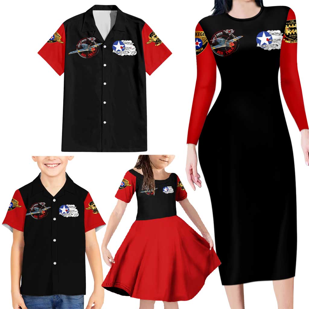Red Tails Tuskegee Airmen Family Matching Long Sleeve Bodycon Dress and Hawaiian Shirt Soaring to Shape History - Fighter Plane Patriotic Tribute - Wonder Print Shop