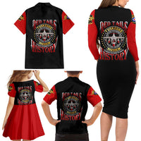 Red Tails Tuskegee Airmen Family Matching Long Sleeve Bodycon Dress and Hawaiian Shirt Soaring to Shape History - Fighter Plane Patriotic Tribute - Wonder Print Shop