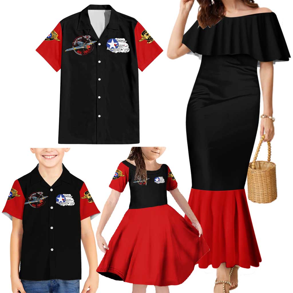 Red Tails Tuskegee Airmen Family Matching Mermaid Dress and Hawaiian Shirt Soaring to Shape History - Fighter Plane Patriotic Tribute - Wonder Print Shop