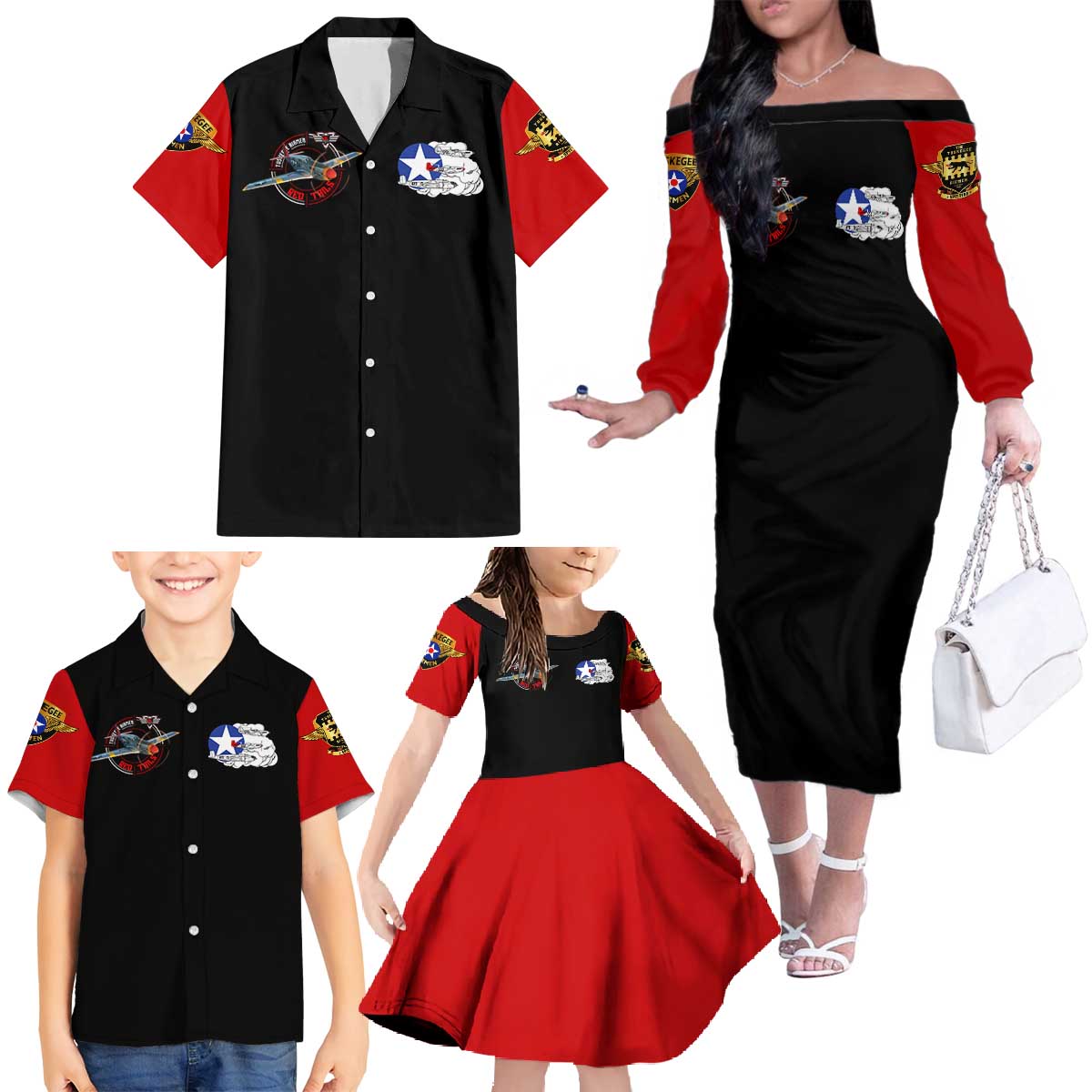 Red Tails Tuskegee Airmen Family Matching Off The Shoulder Long Sleeve Dress and Hawaiian Shirt Soaring to Shape History - Fighter Plane Patriotic Tribute - Wonder Print Shop