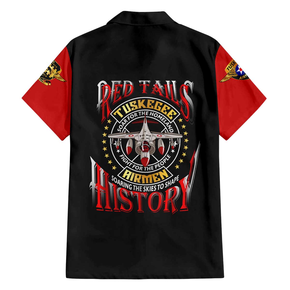Red Tails Tuskegee Airmen Family Matching Off The Shoulder Long Sleeve Dress and Hawaiian Shirt Soaring to Shape History - Fighter Plane Patriotic Tribute - Wonder Print Shop