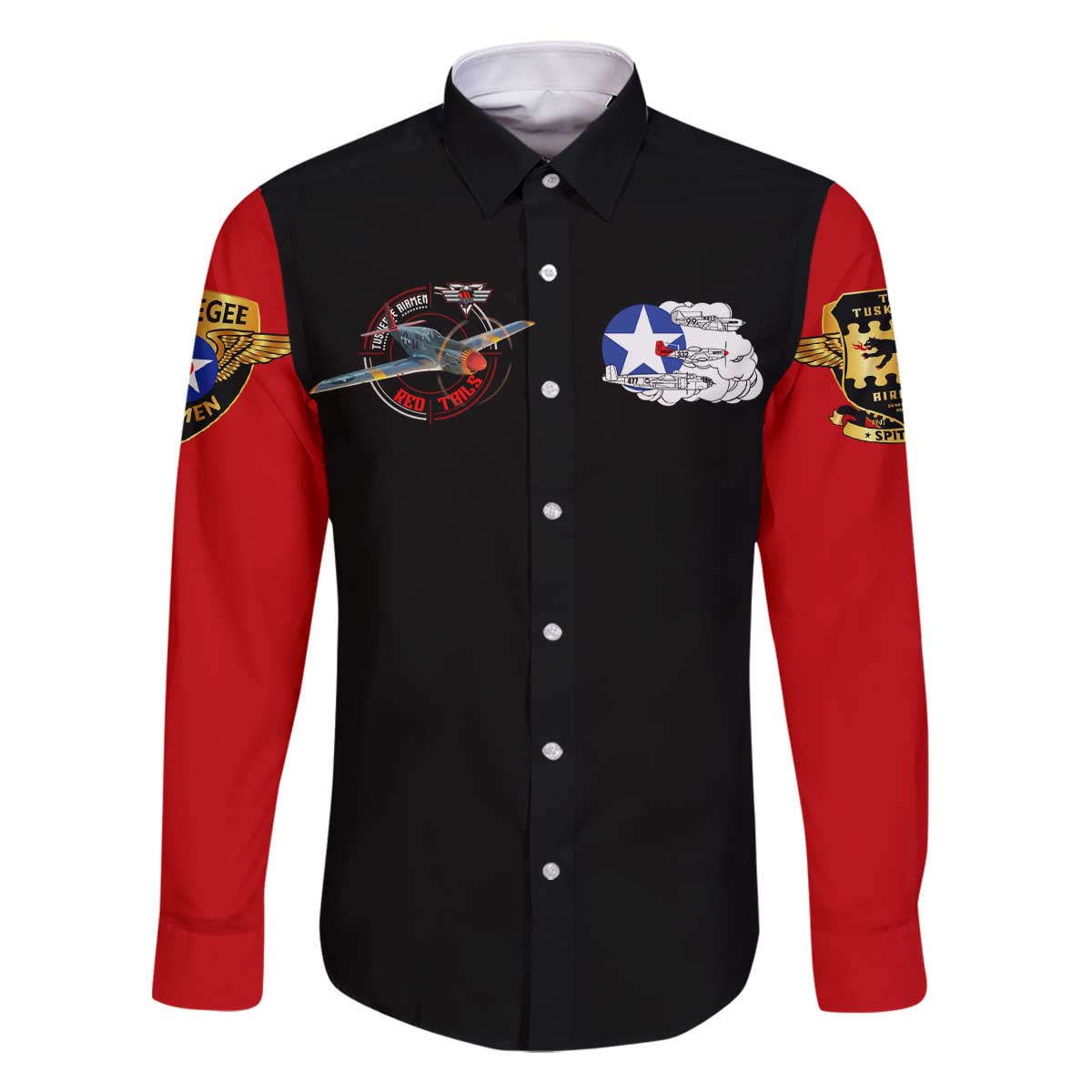 Red Tails Tuskegee Airmen Family Matching Off The Shoulder Long Sleeve Dress and Hawaiian Shirt Soaring to Shape History - Fighter Plane Patriotic Tribute - Wonder Print Shop