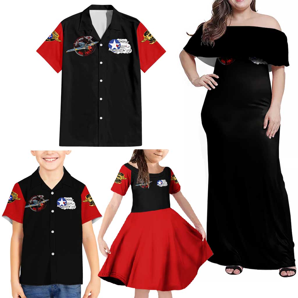 Red Tails Tuskegee Airmen Family Matching Off Shoulder Maxi Dress and Hawaiian Shirt Soaring to Shape History - Fighter Plane Patriotic Tribute - Wonder Print Shop