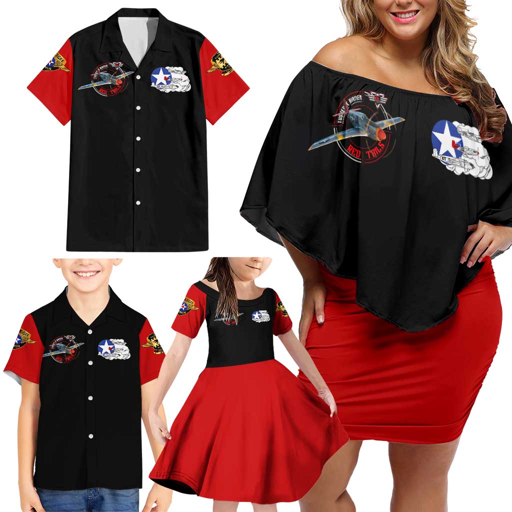 Red Tails Tuskegee Airmen Family Matching Off Shoulder Short Dress and Hawaiian Shirt Soaring to Shape History - Fighter Plane Patriotic Tribute - Wonder Print Shop