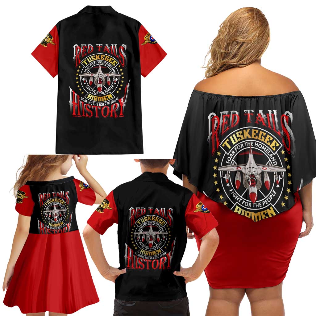 Red Tails Tuskegee Airmen Family Matching Off Shoulder Short Dress and Hawaiian Shirt Soaring to Shape History - Fighter Plane Patriotic Tribute - Wonder Print Shop