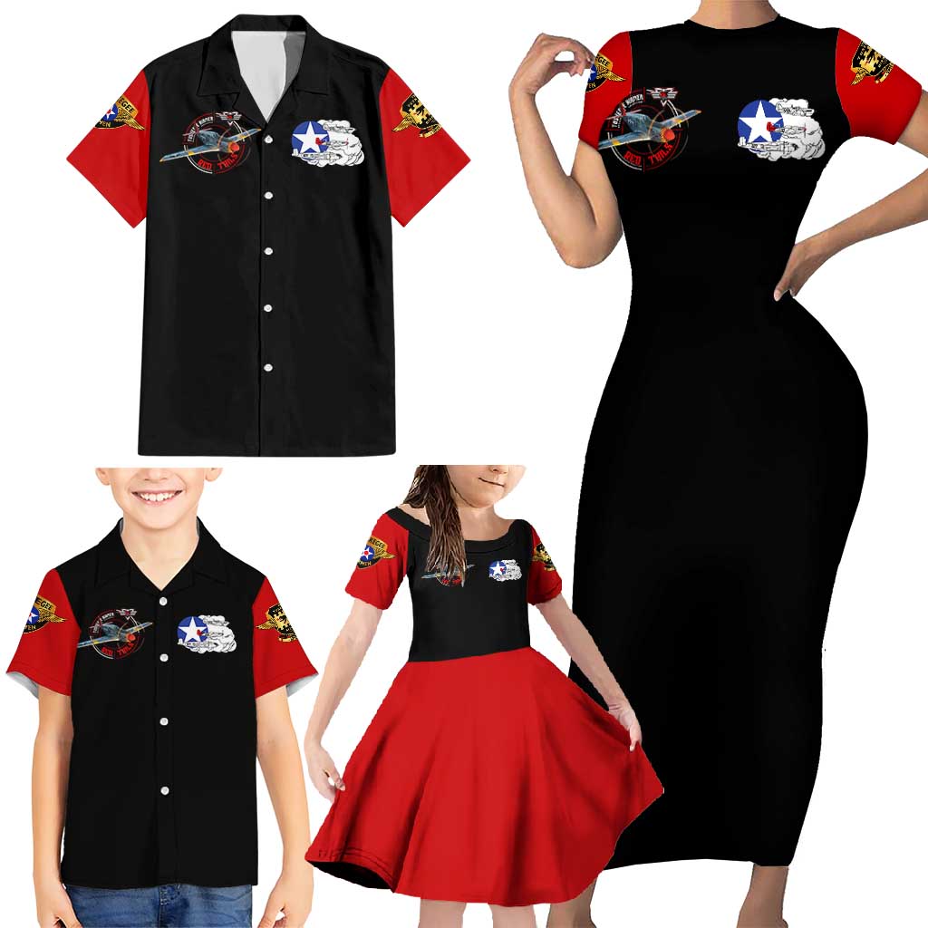 Red Tails Tuskegee Airmen Family Matching Short Sleeve Bodycon Dress and Hawaiian Shirt Soaring to Shape History - Fighter Plane Patriotic Tribute - Wonder Print Shop