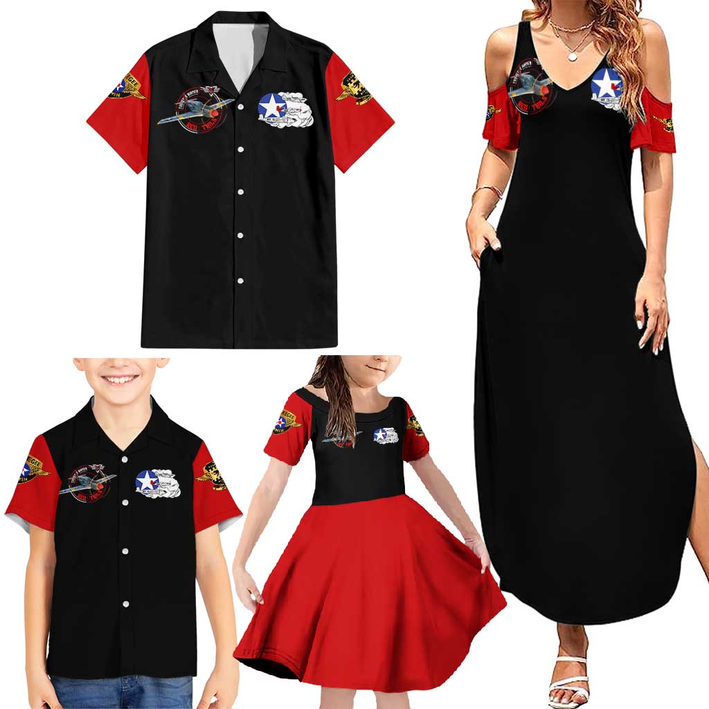 Red Tails Tuskegee Airmen Family Matching Summer Maxi Dress and Hawaiian Shirt Soaring to Shape History - Fighter Plane Patriotic Tribute - Wonder Print Shop