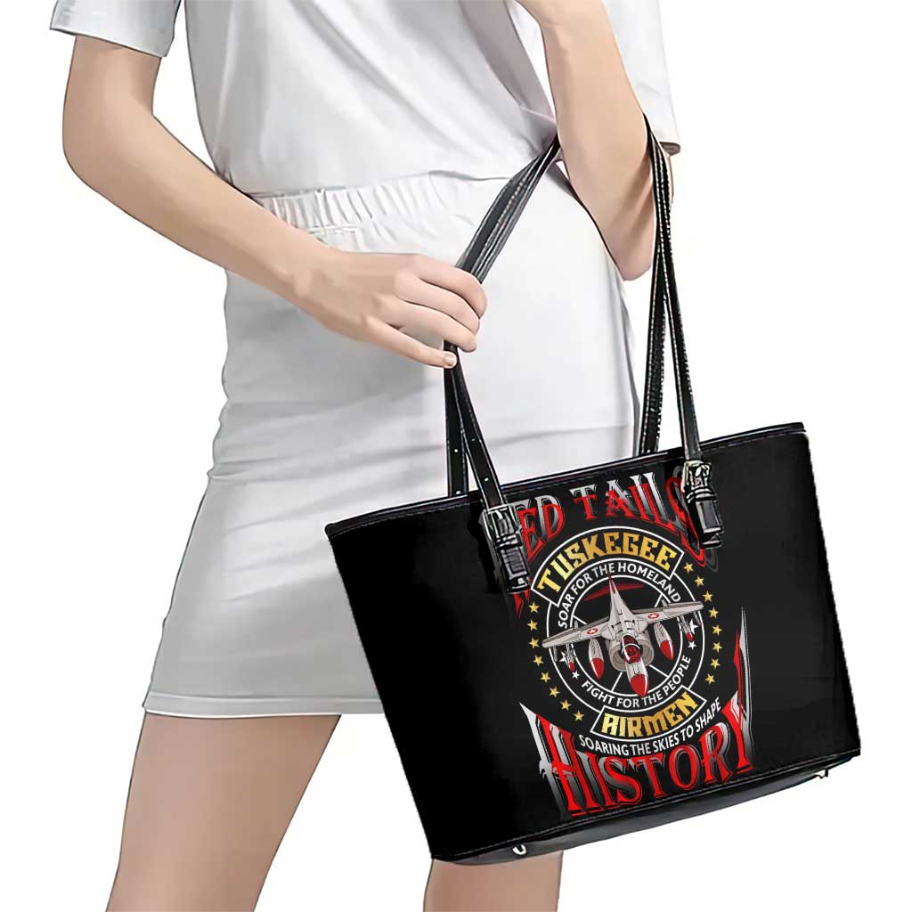 Red Tails Tuskegee Airmen Leather Tote Bag Soaring to Shape History - Fighter Plane Patriotic Tribute - Wonder Print Shop