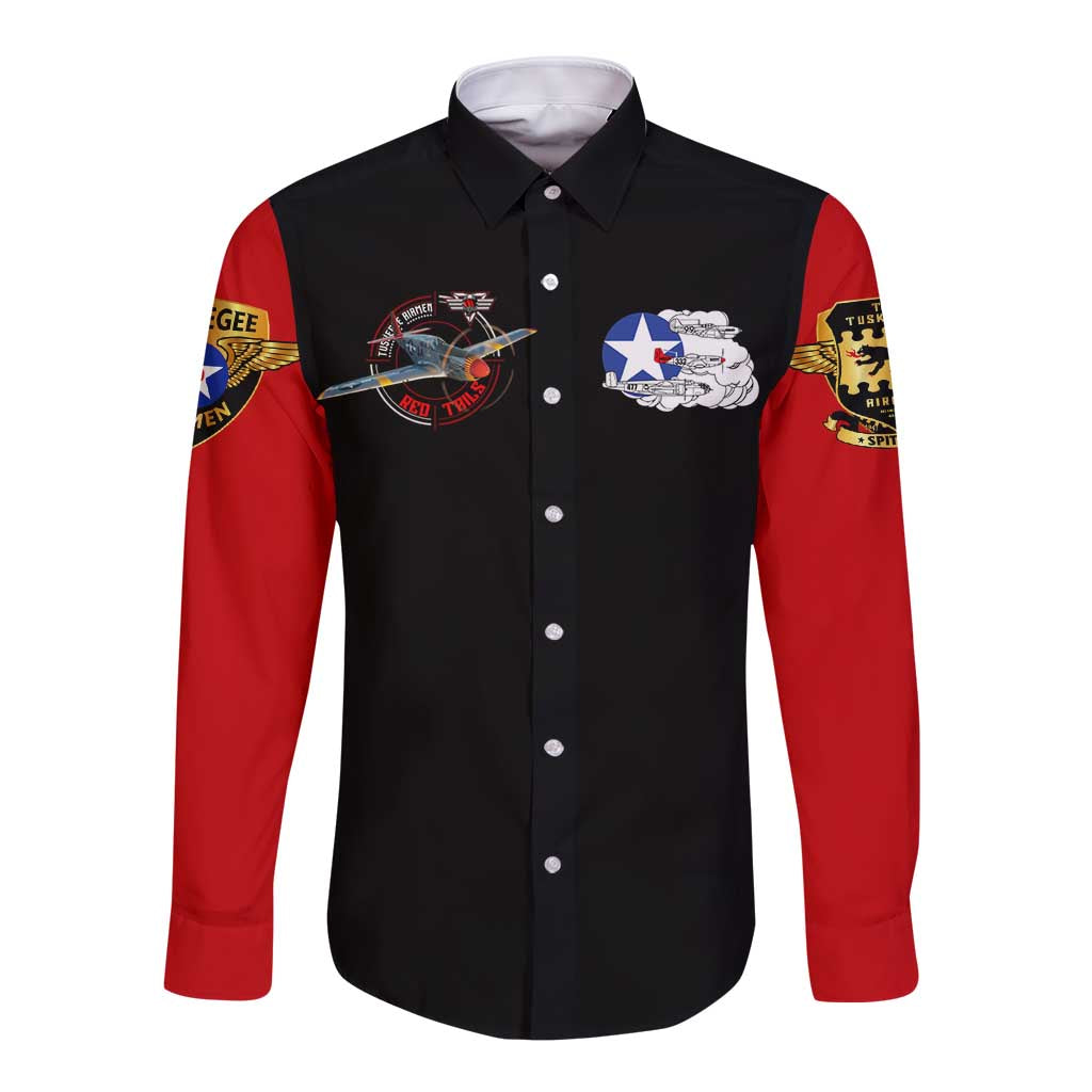 Red Tails Tuskegee Airmen Long Sleeve Button Shirt Soaring to Shape History - Fighter Plane Patriotic Tribute - Wonder Print Shop