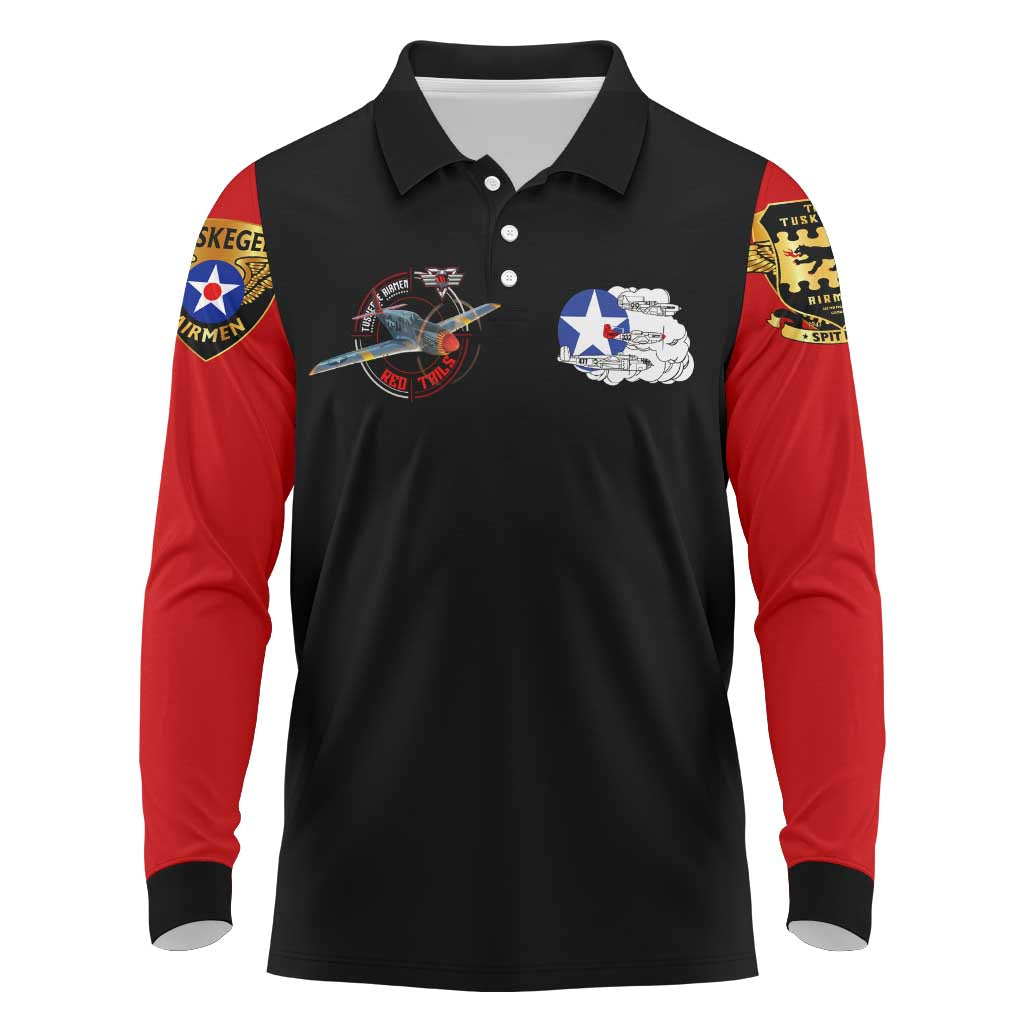 Red Tails Tuskegee Airmen Long Sleeve Polo Shirt Soaring to Shape History - Fighter Plane Patriotic Tribute - Wonder Print Shop
