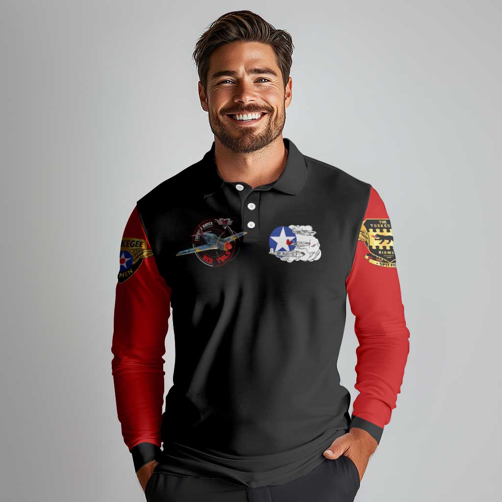 Red Tails Tuskegee Airmen Long Sleeve Polo Shirt Soaring to Shape History - Fighter Plane Patriotic Tribute - Wonder Print Shop