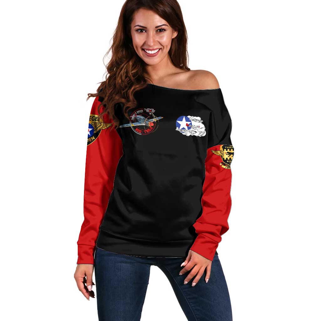 Red Tails Tuskegee Airmen Off Shoulder Sweater Soaring to Shape History - Fighter Plane Patriotic Tribute - Wonder Print Shop