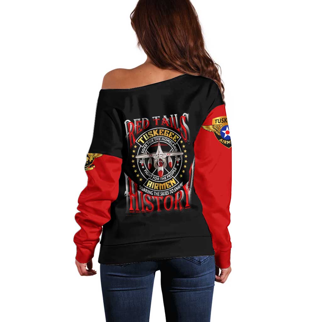 Red Tails Tuskegee Airmen Off Shoulder Sweater Soaring to Shape History - Fighter Plane Patriotic Tribute - Wonder Print Shop