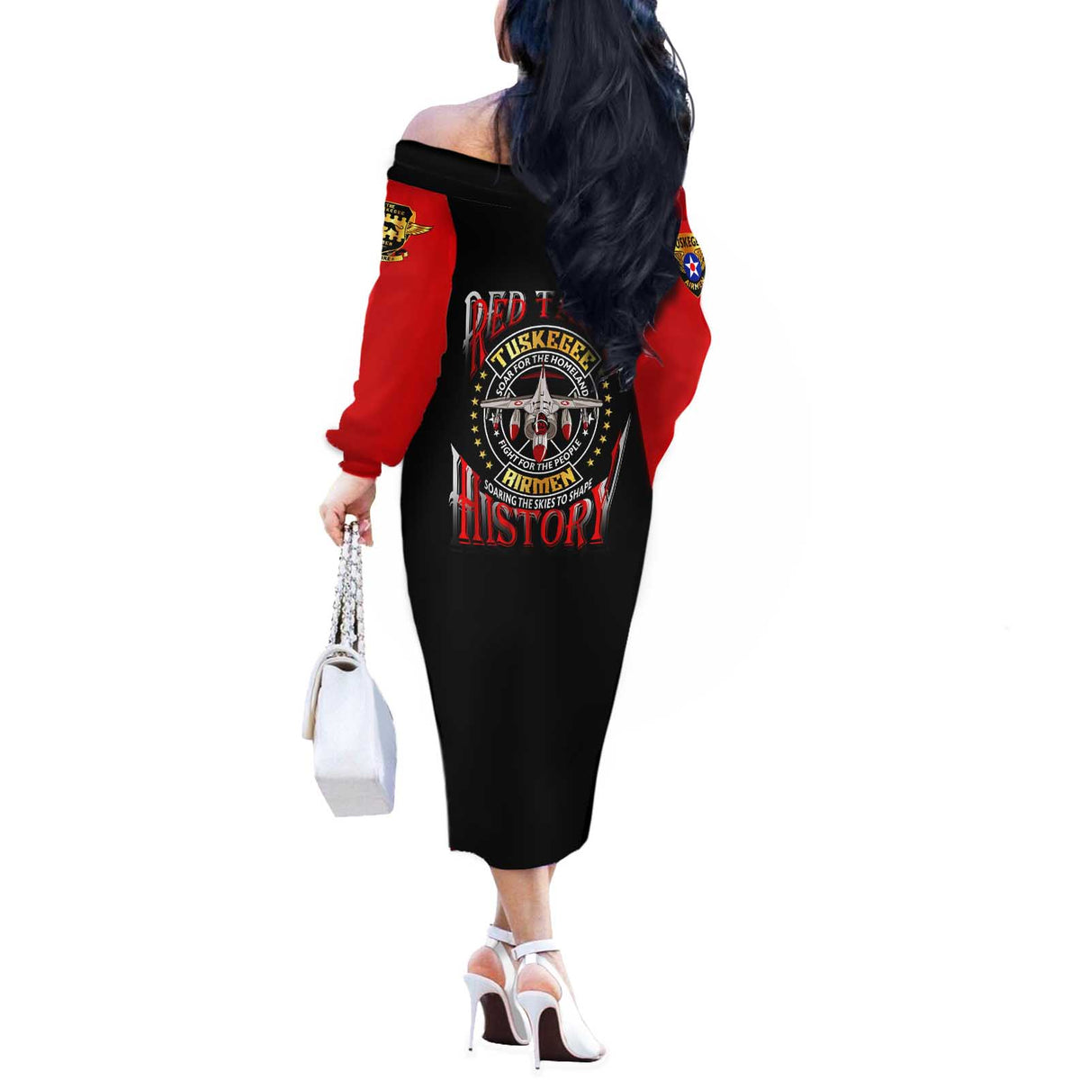 Red Tails Tuskegee Airmen Off The Shoulder Long Sleeve Dress Soaring to Shape History - Fighter Plane Patriotic Tribute - Wonder Print Shop