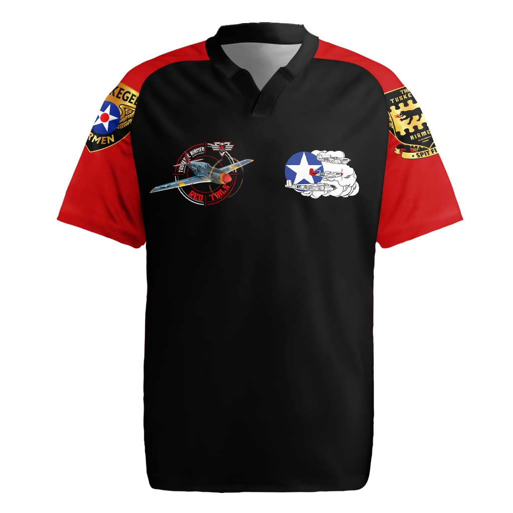 Red Tails Tuskegee Airmen Rugby Jersey Soaring to Shape History - Fighter Plane Patriotic Tribute - Wonder Print Shop