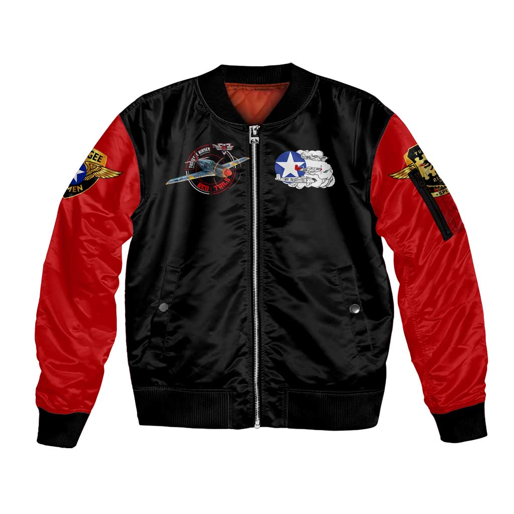 Red Tails Tuskegee Airmen Sleeve Zip Bomber Jacket Soaring to Shape History - Fighter Plane Patriotic Tribute - Wonder Print Shop