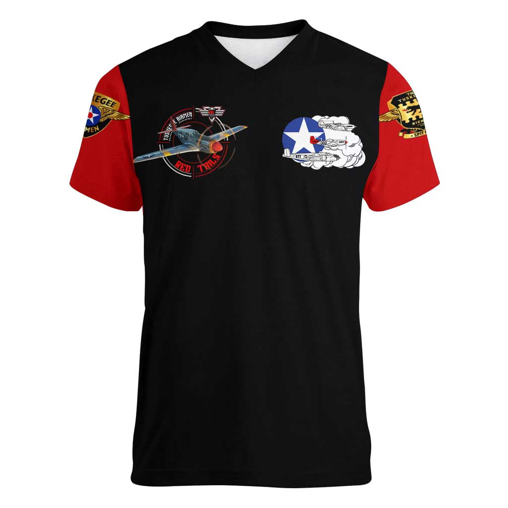 Red Tails Tuskegee Airmen Women V-Neck T-Shirt Soaring to Shape History - Fighter Plane Patriotic Tribute - Wonder Print Shop