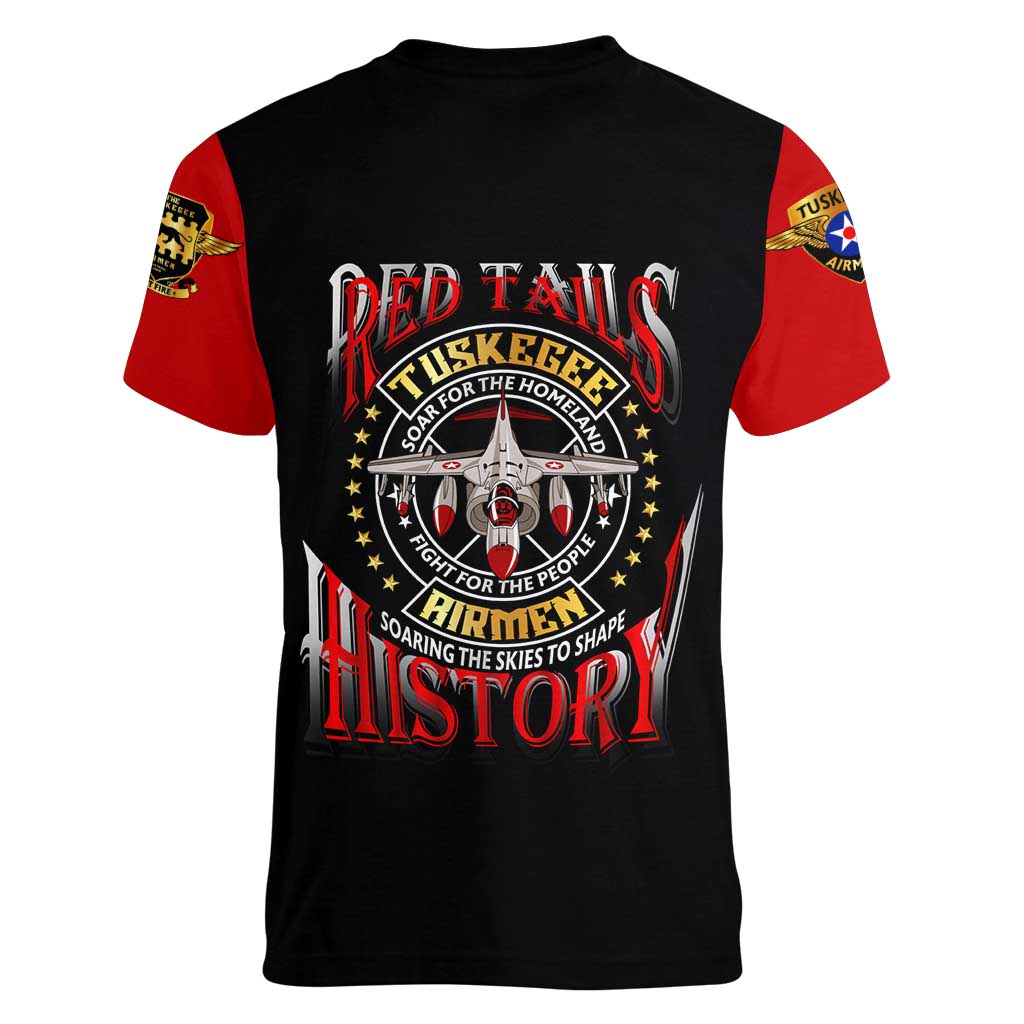 Red Tails Tuskegee Airmen Women V-Neck T-Shirt Soaring to Shape History - Fighter Plane Patriotic Tribute - Wonder Print Shop