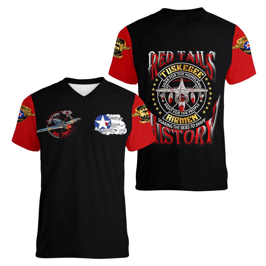 Red Tails Tuskegee Airmen Women V-Neck T-Shirt Soaring to Shape History - Fighter Plane Patriotic Tribute - Wonder Print Shop