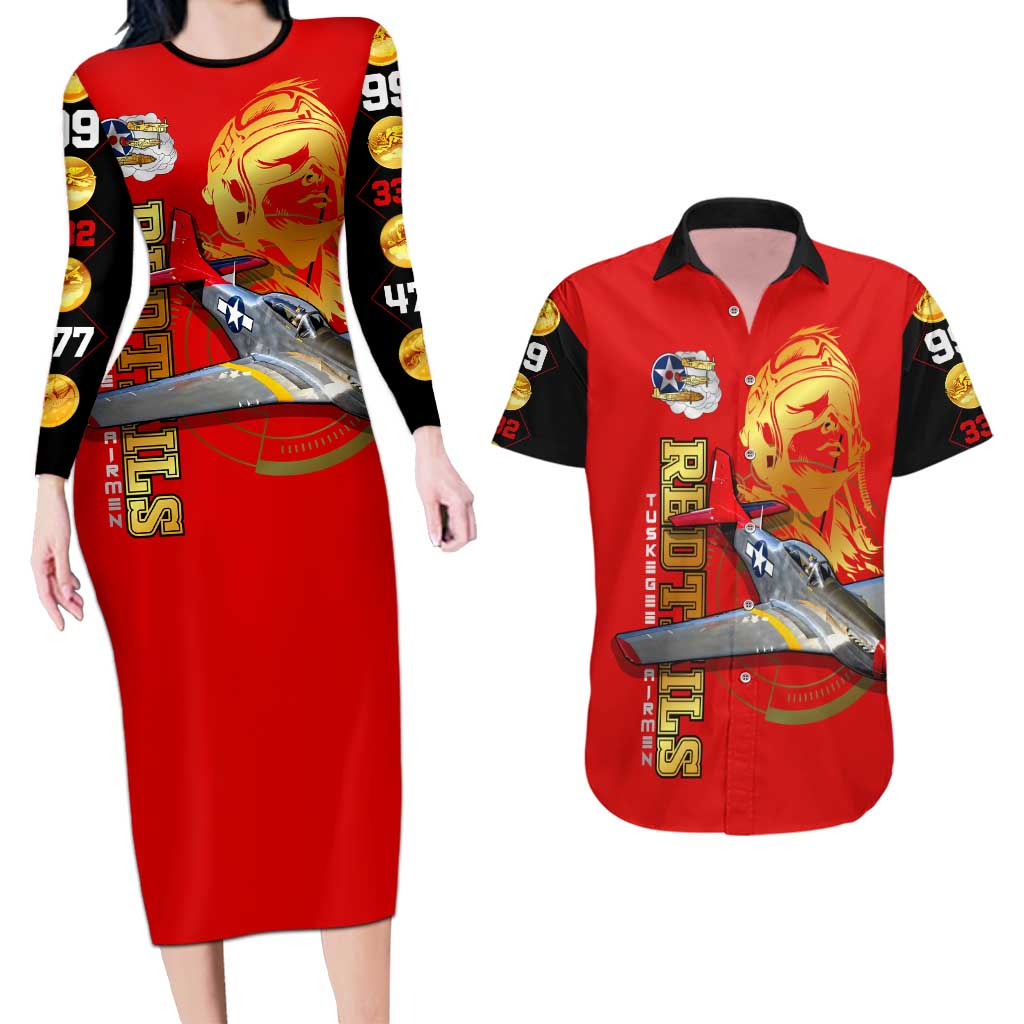 Tuskegee Red Tails Airmen Couples Matching Long Sleeve Bodycon Dress and Hawaiian Shirt WWII Fighter Pilot Legacy - Wonder Print Shop