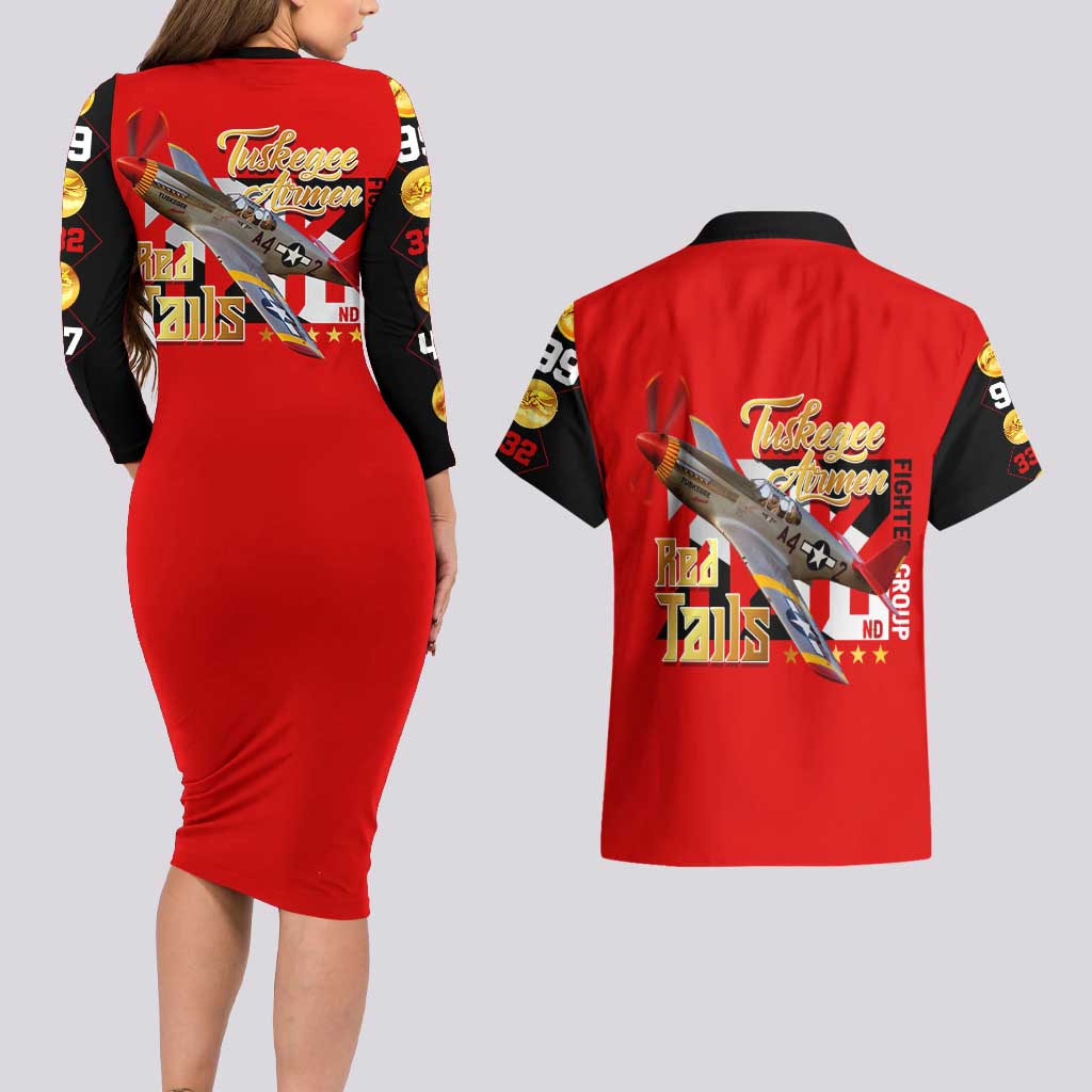 Tuskegee Red Tails Airmen Couples Matching Long Sleeve Bodycon Dress and Hawaiian Shirt WWII Fighter Pilot Legacy - Wonder Print Shop