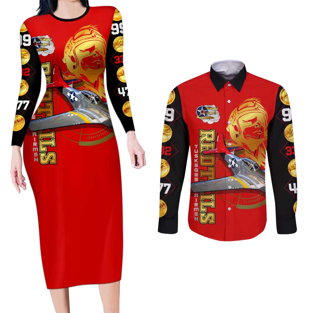 Tuskegee Red Tails Airmen Couples Matching Long Sleeve Bodycon Dress and Long Sleeve Button Shirt WWII Fighter Pilot Legacy - Wonder Print Shop