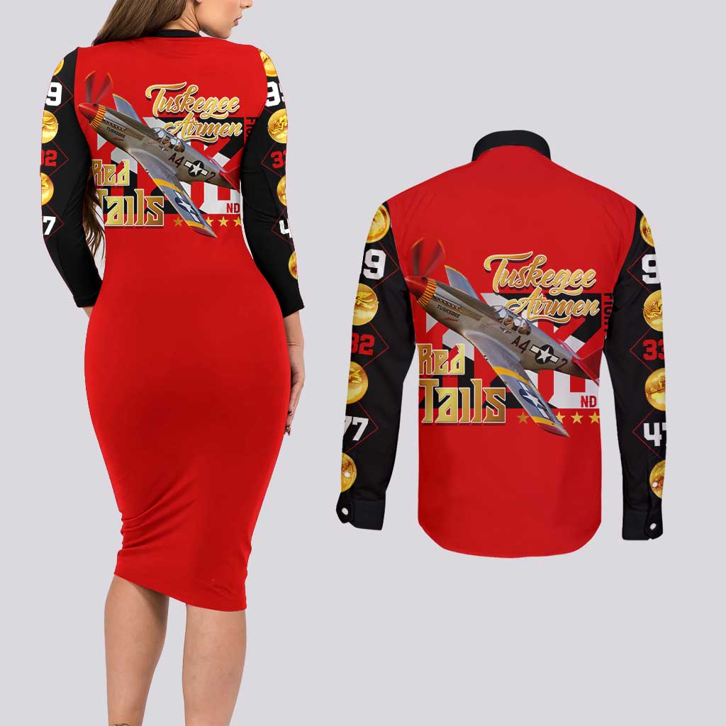Tuskegee Red Tails Airmen Couples Matching Long Sleeve Bodycon Dress and Long Sleeve Button Shirt WWII Fighter Pilot Legacy - Wonder Print Shop