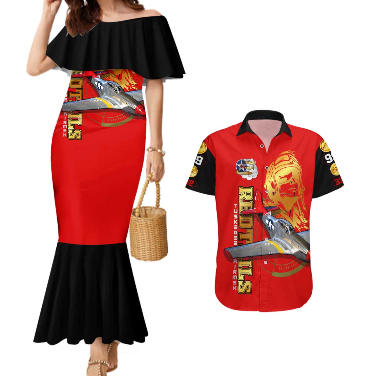 Tuskegee Red Tails Airmen Couples Matching Mermaid Dress and Hawaiian Shirt WWII Fighter Pilot Legacy - Wonder Print Shop
