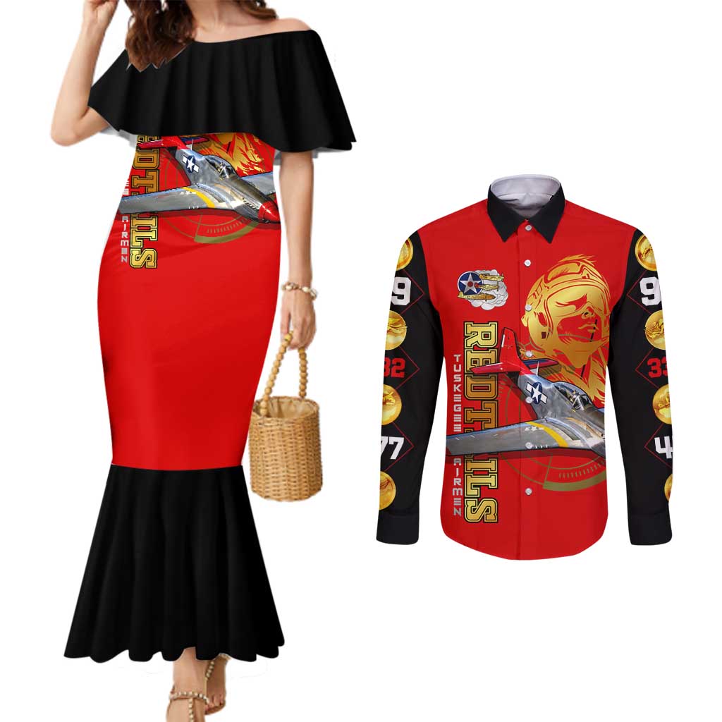 Tuskegee Red Tails Airmen Couples Matching Mermaid Dress and Long Sleeve Button Shirt WWII Fighter Pilot Legacy - Wonder Print Shop