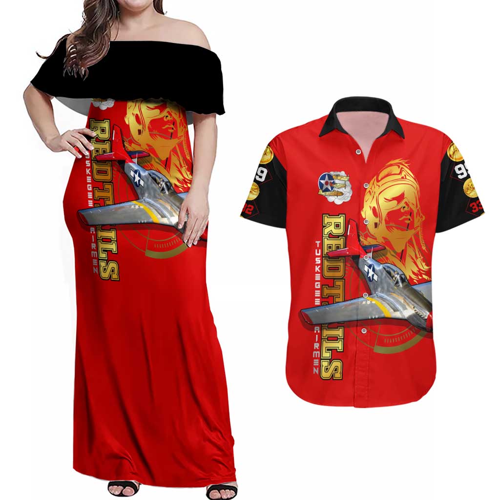 Tuskegee Red Tails Airmen Couples Matching Off Shoulder Maxi Dress and Hawaiian Shirt WWII Fighter Pilot Legacy - Wonder Print Shop