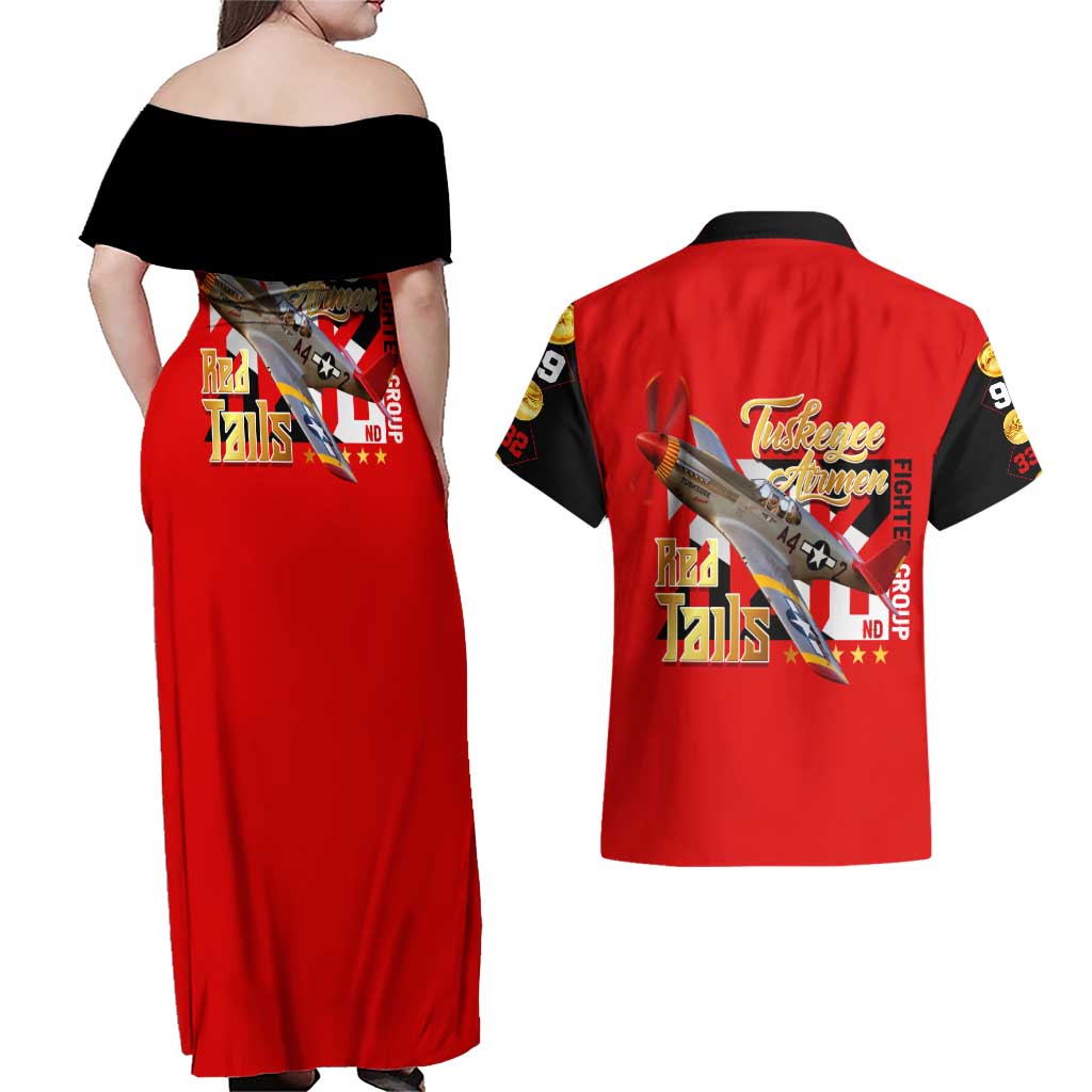 Tuskegee Red Tails Airmen Couples Matching Off Shoulder Maxi Dress and Hawaiian Shirt WWII Fighter Pilot Legacy - Wonder Print Shop