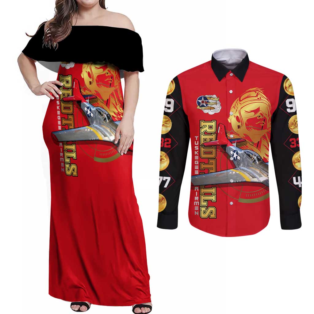 Tuskegee Red Tails Airmen Couples Matching Off Shoulder Maxi Dress and Long Sleeve Button Shirt WWII Fighter Pilot Legacy - Wonder Print Shop